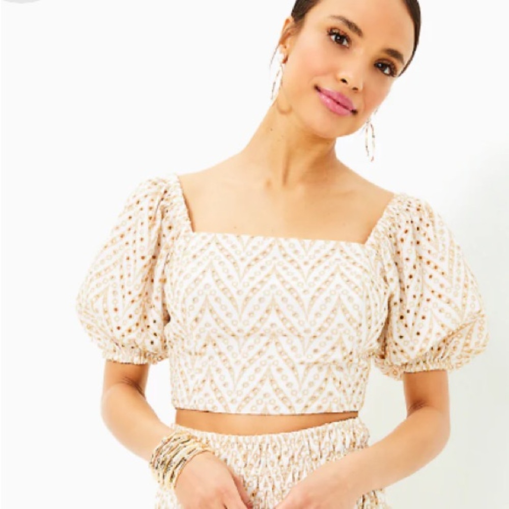 NWT Lilly Pulitzer Yara Eyelet Top in Mermaid Tail Metallic Size 4 *Top Only